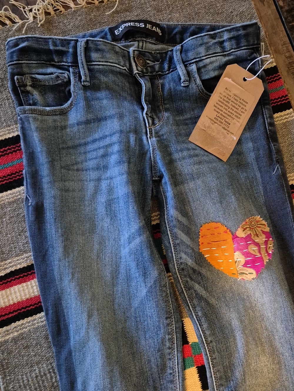 ExPressJeansRepurposed "LoveMeTwice"BellBottom Jeans.sz2 R. W13"×30" 7rise(1670A - Picture 3 of 16